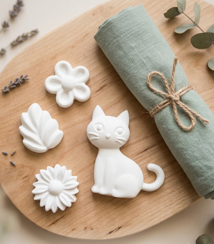 Handgefertigte Gips-Figuren Set – Katze, Blüten & Blatt | Dekoration & DIY